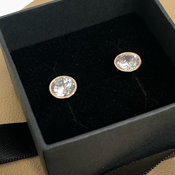Diamond Stud Earrings, Sterling Silver with 14k Rose Gold, Bezel Stud Earrings - Picture 11 of 11